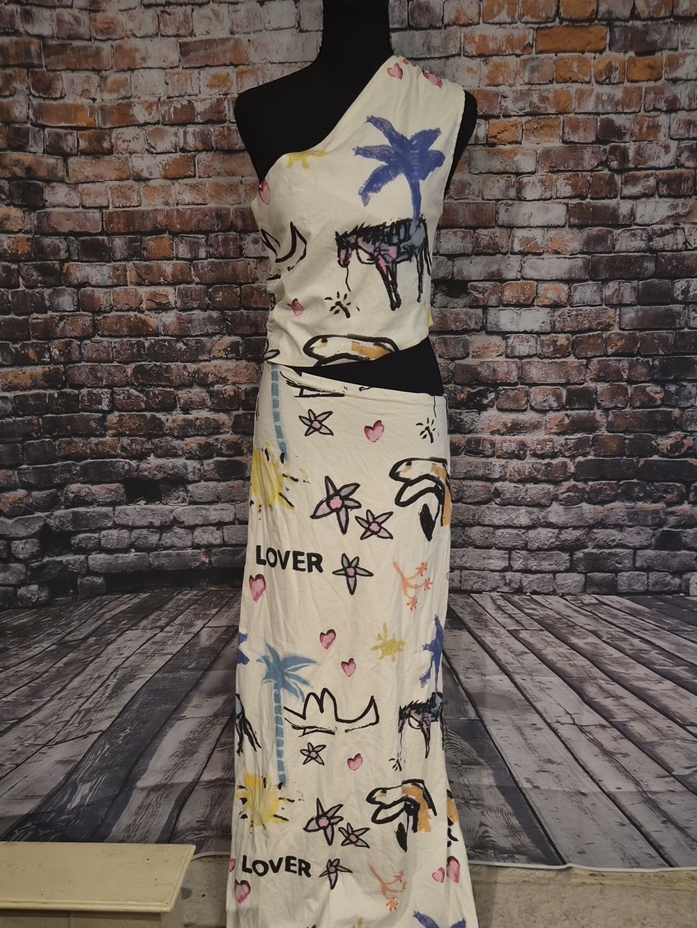 Romy Cream One-Shoulder Maxi Skirt Set with Multicolor Print